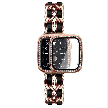 Luxury stainless steel chain bracelet with rhinestone case for Apple Watch, featuring leather strap accent.