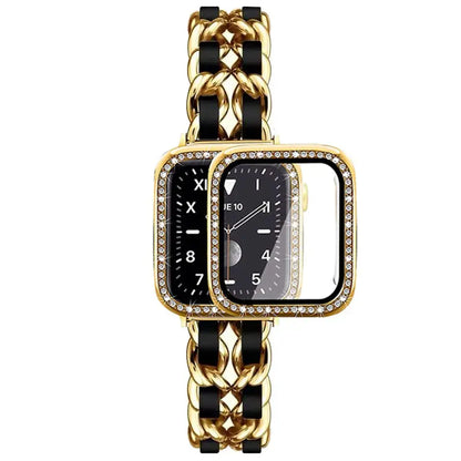 Luxury chunky stainless steel chain bracelet with rhinestone case for Apple Watch, featuring a leather strap accent.