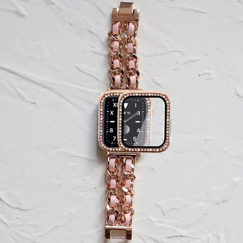 Luxury stainless steel bracelet with rhinestone case for Apple Watch, featuring a stylish pink leather strap.