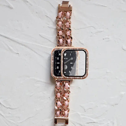 Luxury stainless steel bracelet with rhinestone case for Apple Watch, featuring a stylish pink leather strap.