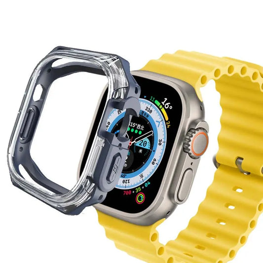 TPU+PC bumper case for Apple Watch with colorful yellow strap, showcasing style and protection.