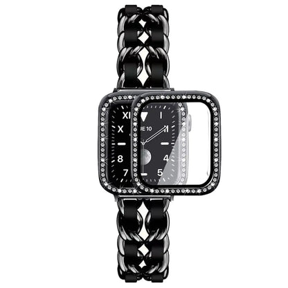 Black stainless steel chunky bracelet with rhinestone-accented case for Apple Watch, showing a stylish design.