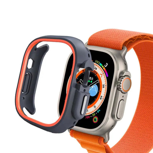 TPU rugged frame case for Apple Watch, showcasing durable protection and stylish design with an orange strap.