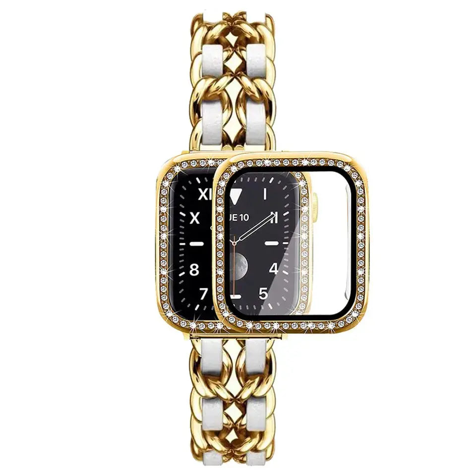 Luxury stainless steel chain bracelet with rhinestone case for Apple Watch, featuring a stylish leather strap accent.