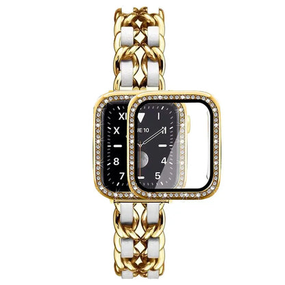 Luxury stainless steel chain bracelet with rhinestone case for Apple Watch, featuring a stylish leather strap accent.