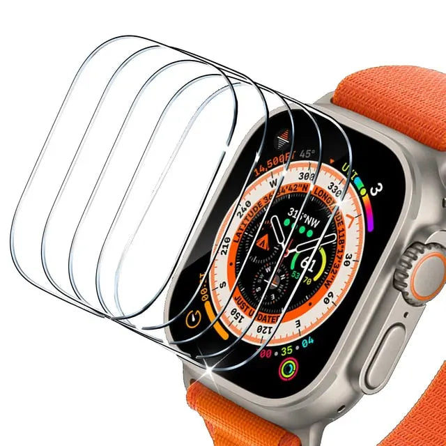 Screen protector for Apple Watch Ultra 49mm displayed on smartwatch with orange strap, enhancing durability and screen protection.