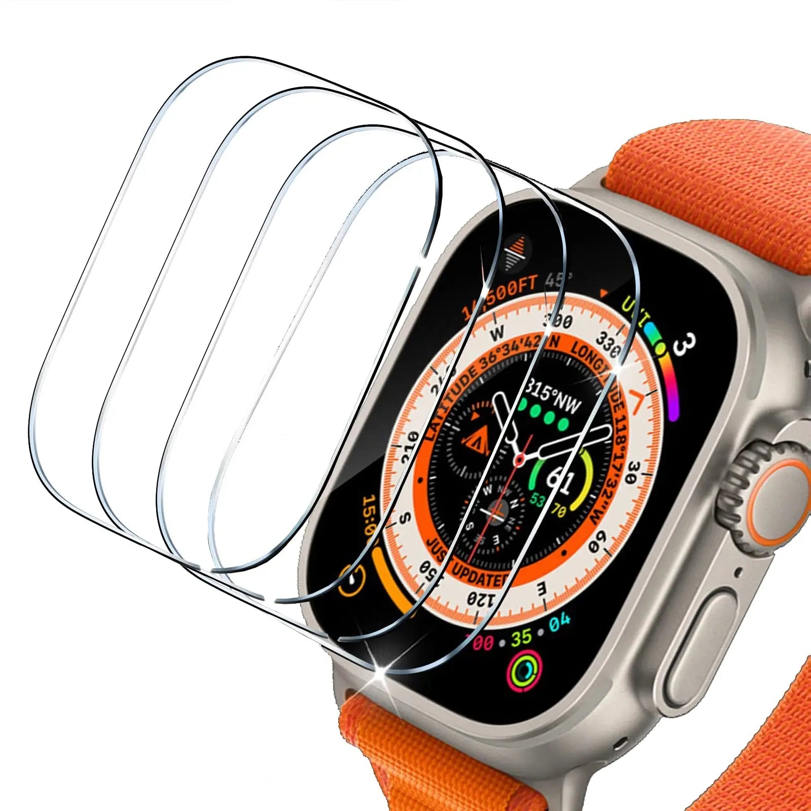 Screen protector for Apple Watch Ultra 49mm, showing multiple protective layers on a watch face with an orange band.