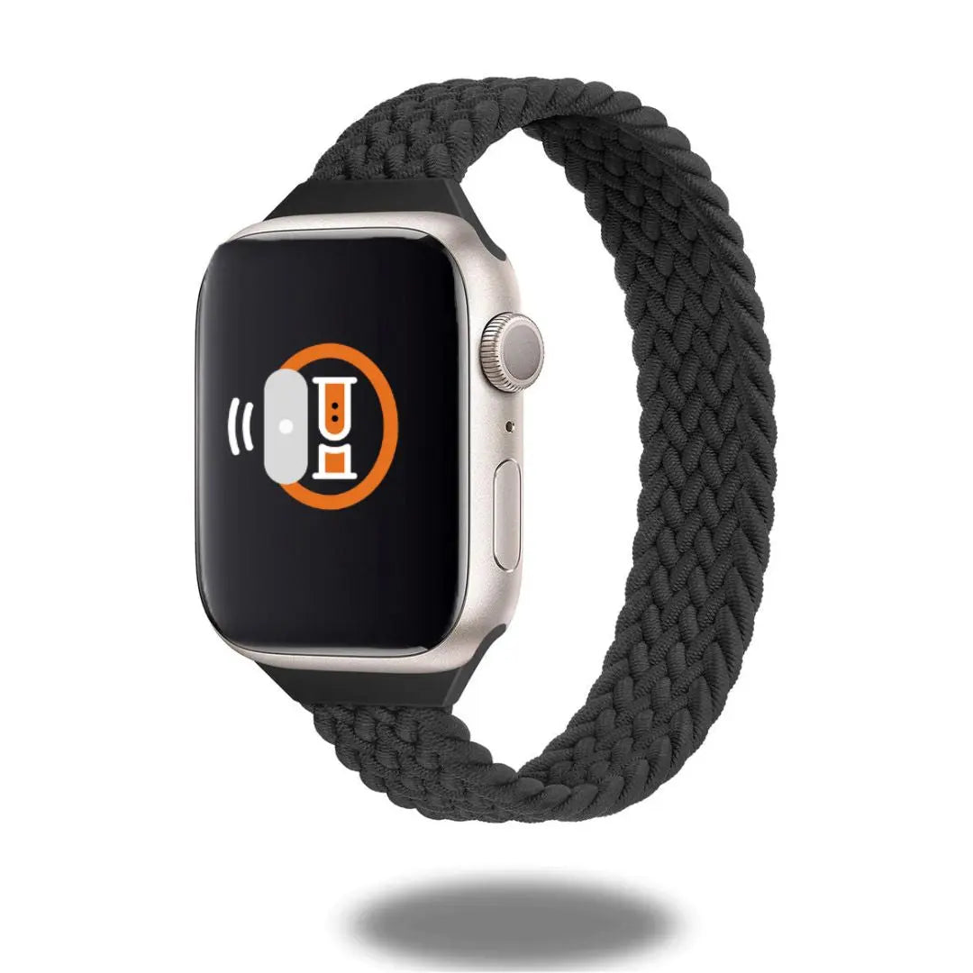 Comfortable New Slim Braided Solo Loop Band for Apple Watch in black, made of elastic nylon for a stylish look.