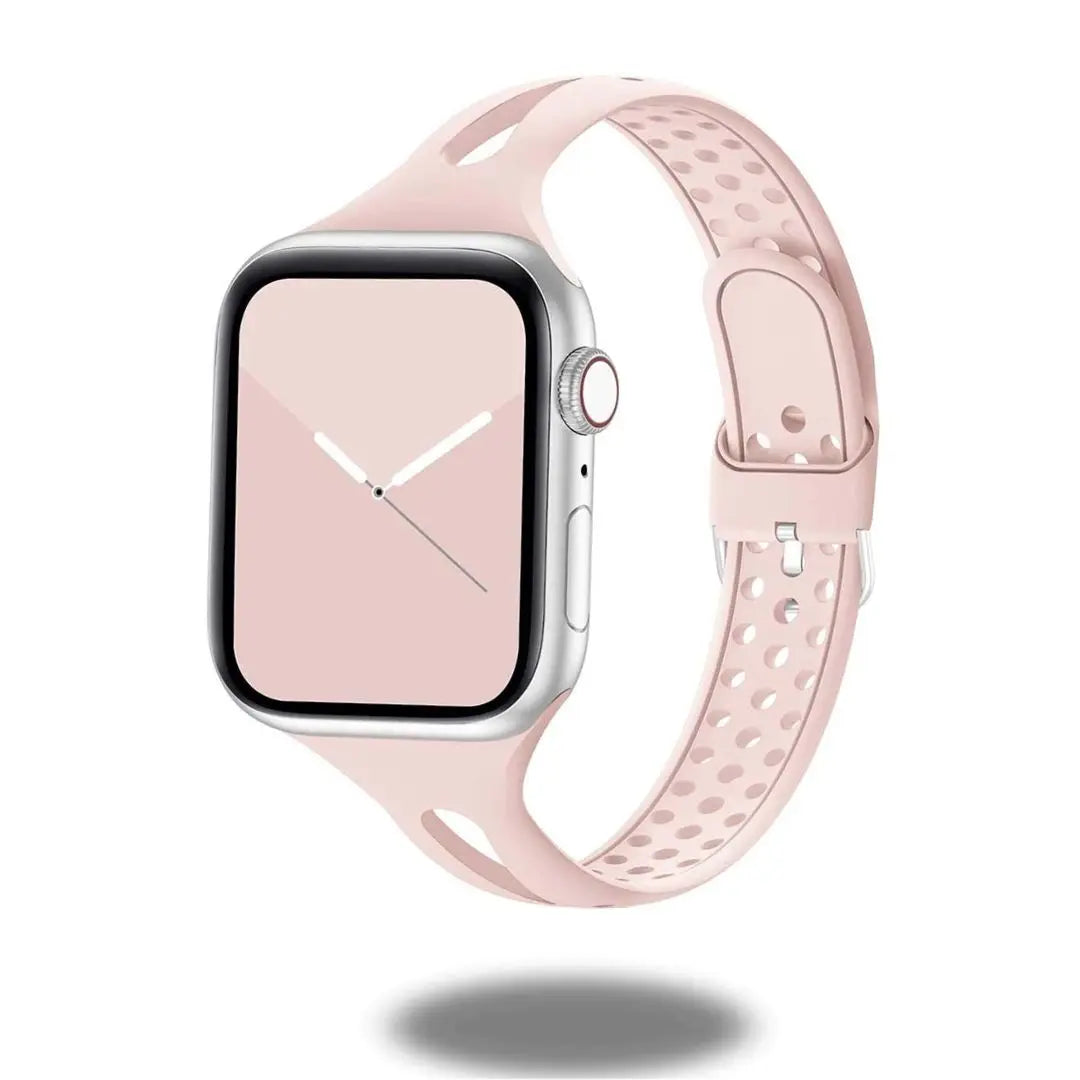 Slim breathable silicon band in soft pink for Apple Watch, combining style and comfort for active lifestyles.