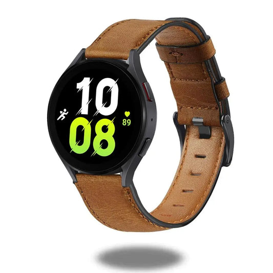 Vintage Leather Bracelets for Samsung Watch displayed on a Samsung Galaxy Watch with a stylish design.