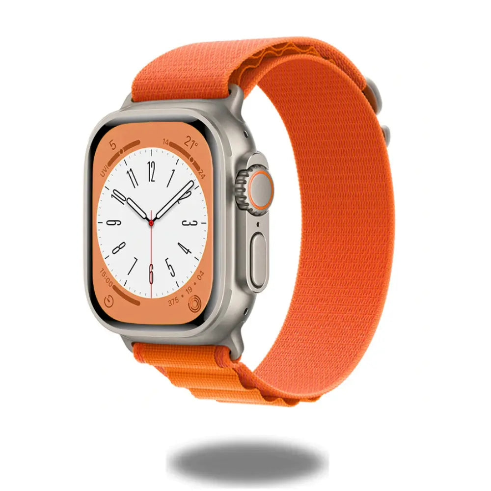 Alpo G Hook Band for athletes, orange Alpine Loop watch band on Apple Watch, ideal for hiking and fitness activities.