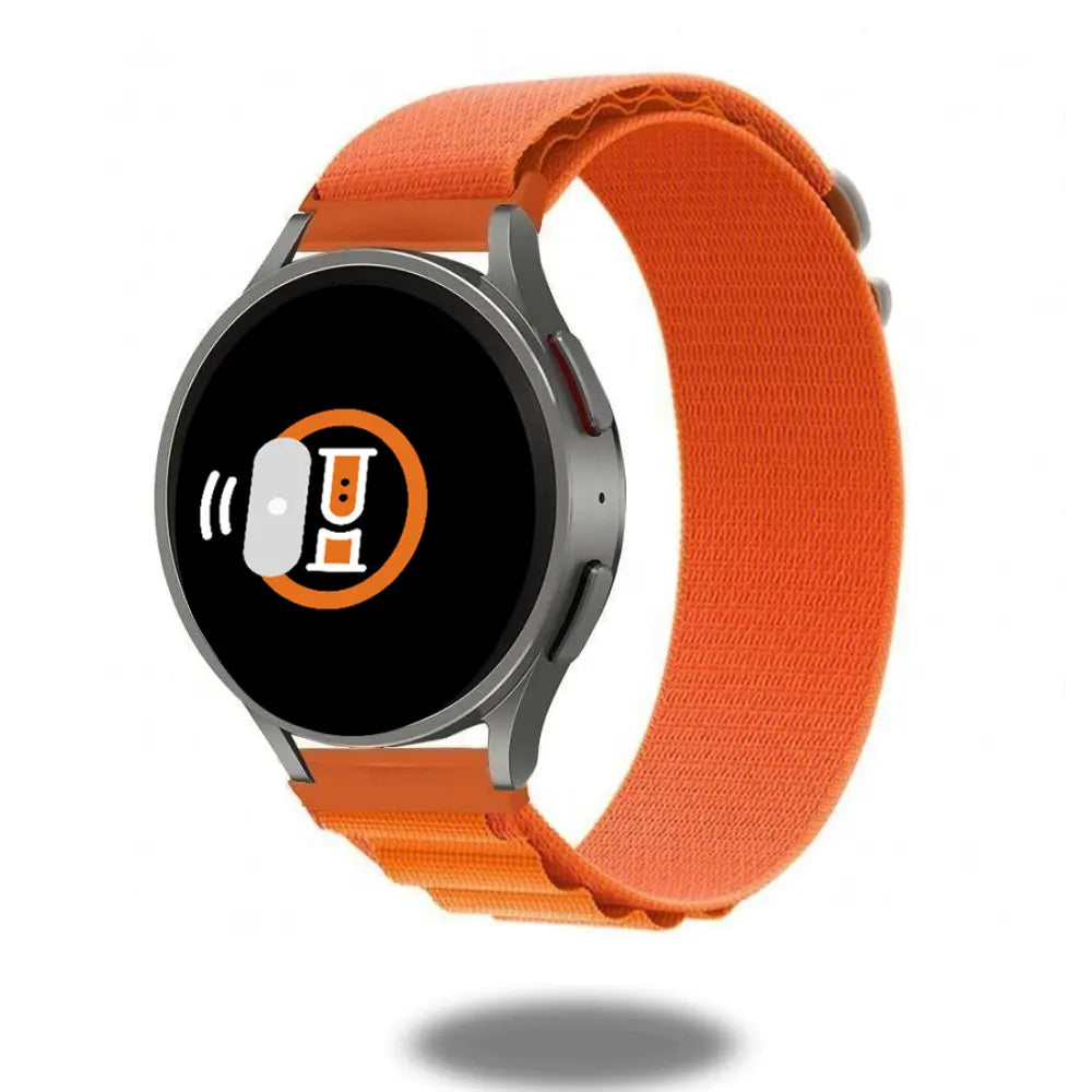 Alpine Loop for Samsung Galaxy Watch with orange textile band, ideal for fitness enthusiasts and outdoor activities.
