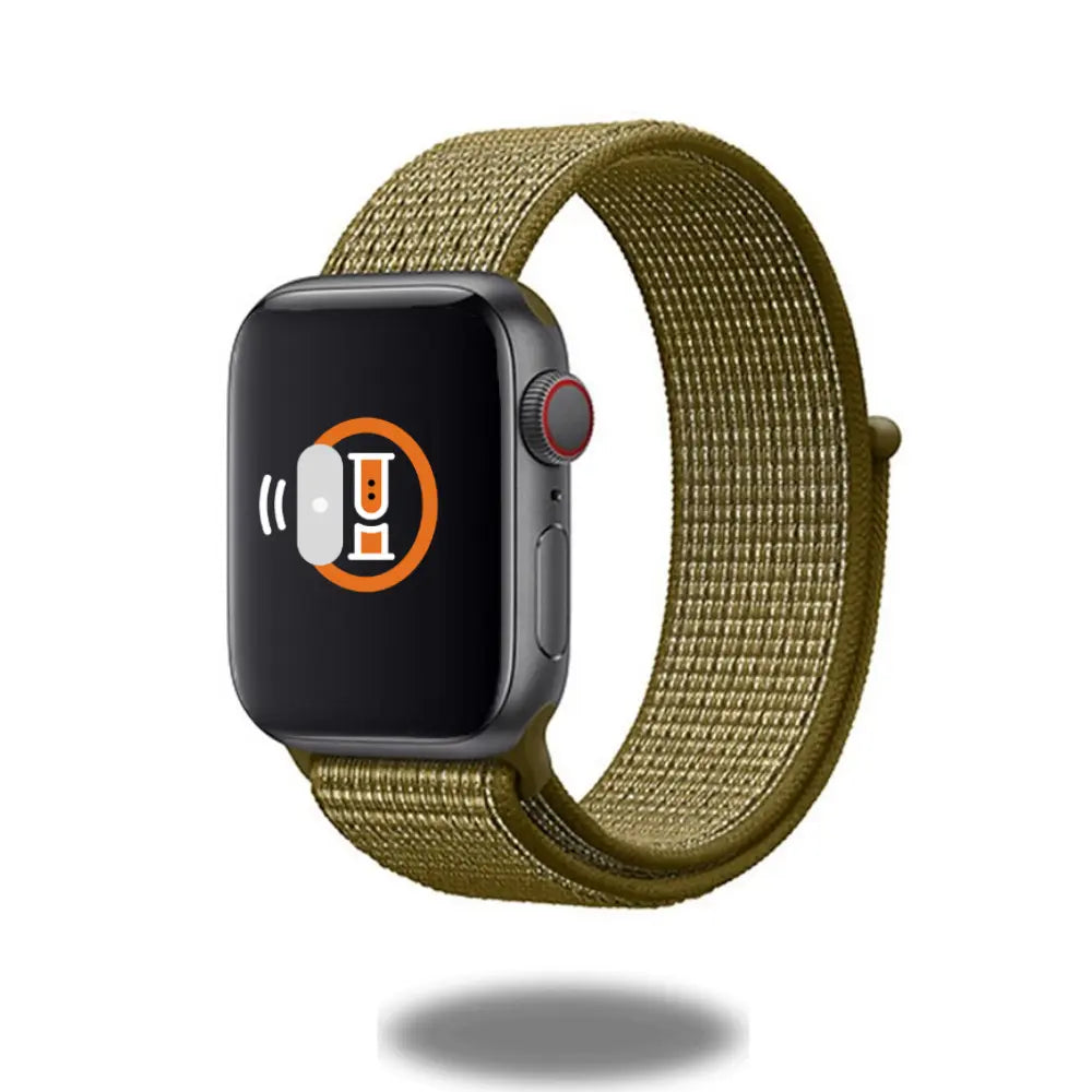Sport Electric Loop Band on Apple Watch, featuring woven nylon design in olive green, perfect for 38mm-42mm wrist sizes.