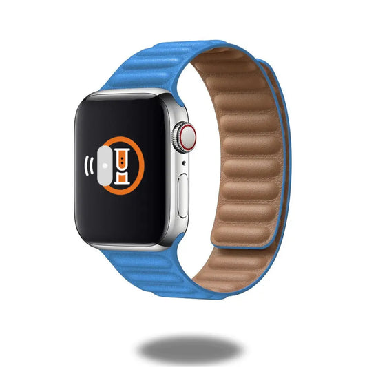 Leather Link Band for Apple Watch in two-tone design, showcasing blue leather exterior and comfortable flexible fit.