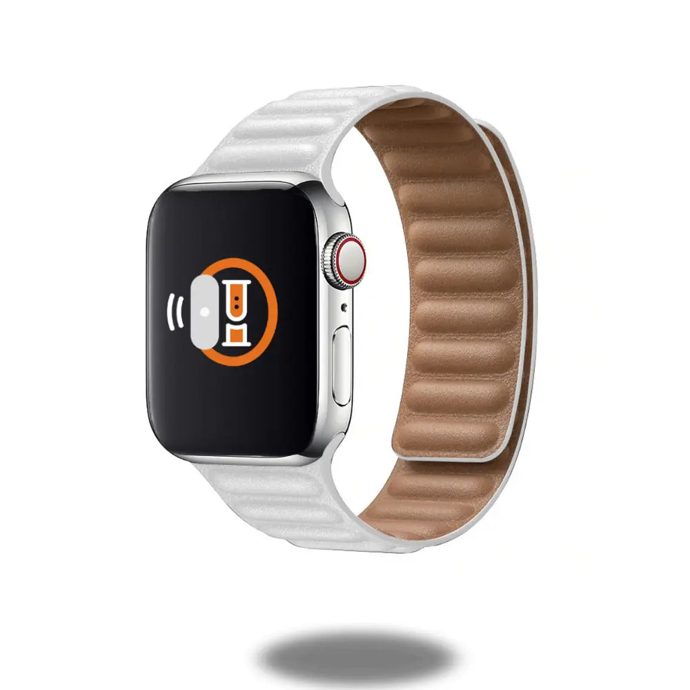 Two-tone leather link band for Apple Watch, showcasing handcrafted Roux Granada leather and flexible molded magnets.