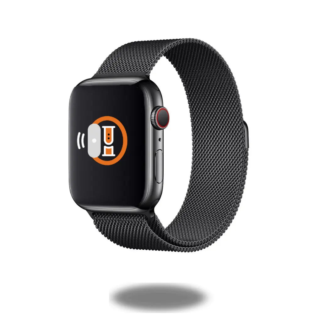 Metal Mesh Loop for watch, stainless steel Milanese design, adjustable fit, modern style, sleek black finish.