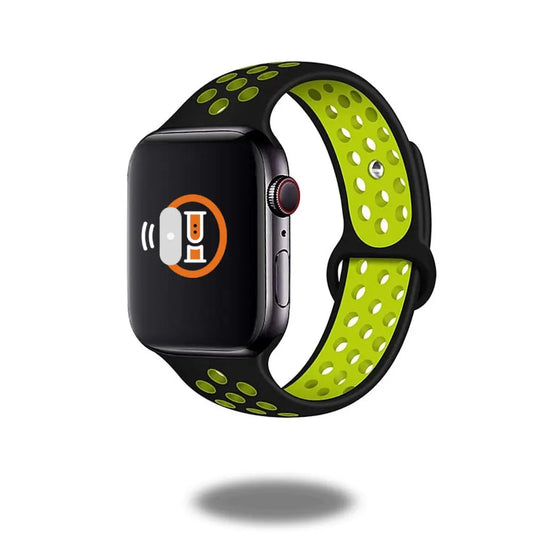 Black and green breathable silicone band for Apple Watch, durable and skin-friendly for workouts.
