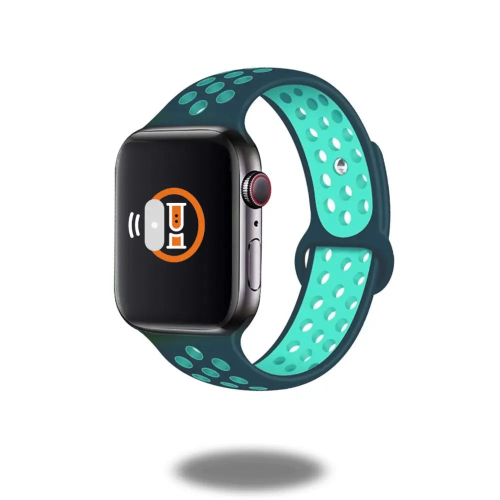 Apple Watch with silicone active sport band in teal and black, breathable and waterproof, compatible with all Apple Watch models.