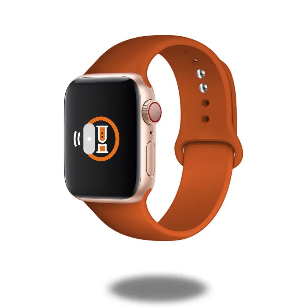 Classic Silicon Sports Band in orange color on smartwatch, lightweight, waterproof, skin-friendly and breathable design.