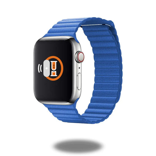 Blue leather loop band for smartwatch, showcasing sleek design and durable texture for a stylish wrist fit.