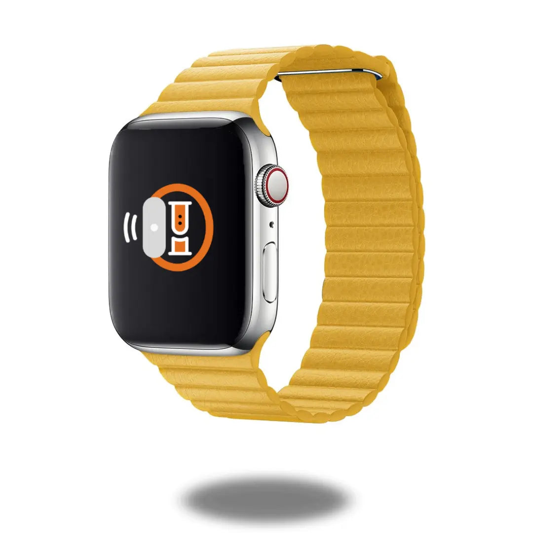 Yellow leather loop band for smartwatches, hand-crafted, sleek design with a pebbled texture and precise fit.