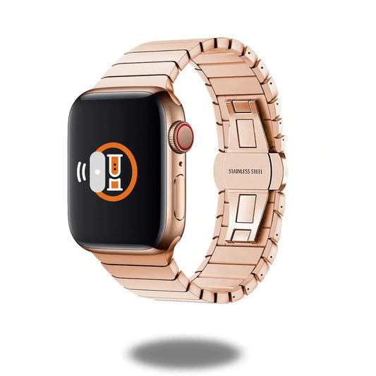Luxury Link Bracelet for Apple Watch in stainless steel with integrated butterfly clasp and adjustable links.
