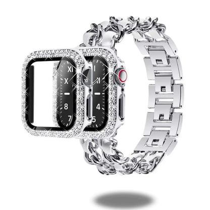 Luxurious Cuban bracelet for Apple Watch with diamond-style case and screen protector, compatible with multiple sizes.