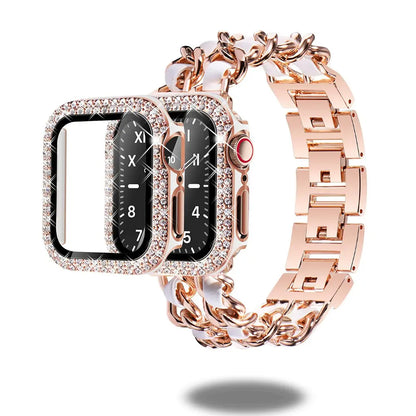 Luxurious Cuban bracelet and diamond-style case for Apple Watch, compatible with various sizes for ultimate style.
