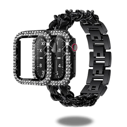 Luxurious Cuban bracelet with diamond-style case and screen protector for Apple Watch Ultra and Series compatibility.