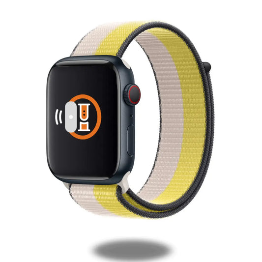 New Nylon Sports Loop band on Apple Watch with colorful yellow and gray woven design for stylish comfort.