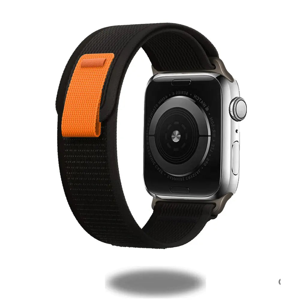 Trail Loop Bands for Apple Watch, lightweight nylon weave, adjustable pull tab, breathable and sweat-resistant design.