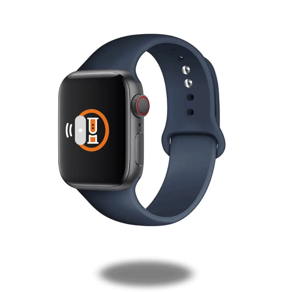 White Sports Silicone Band for Apple Watch displayed on a smartwatch, showcasing a modern sporty design.
