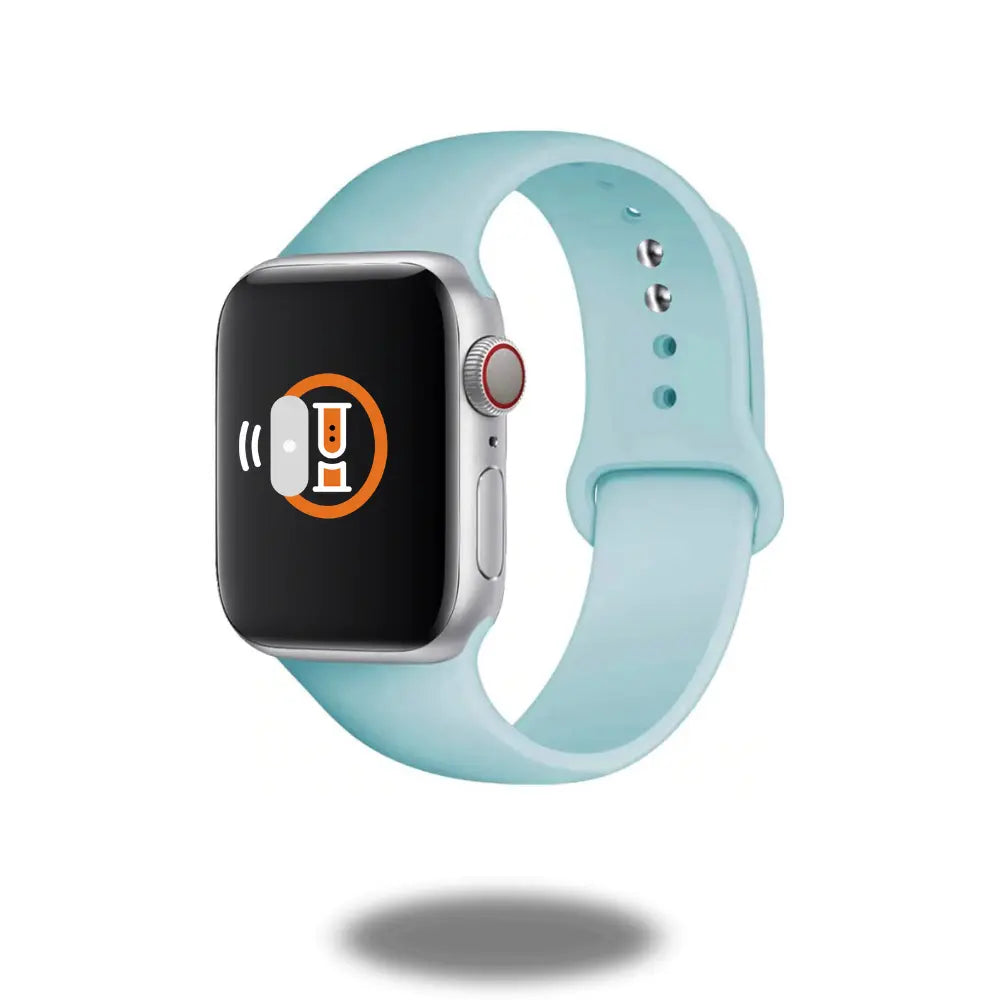 White Sports Silicone Band for Apple Watch displayed on a smartwatch with a blue silicone strap.