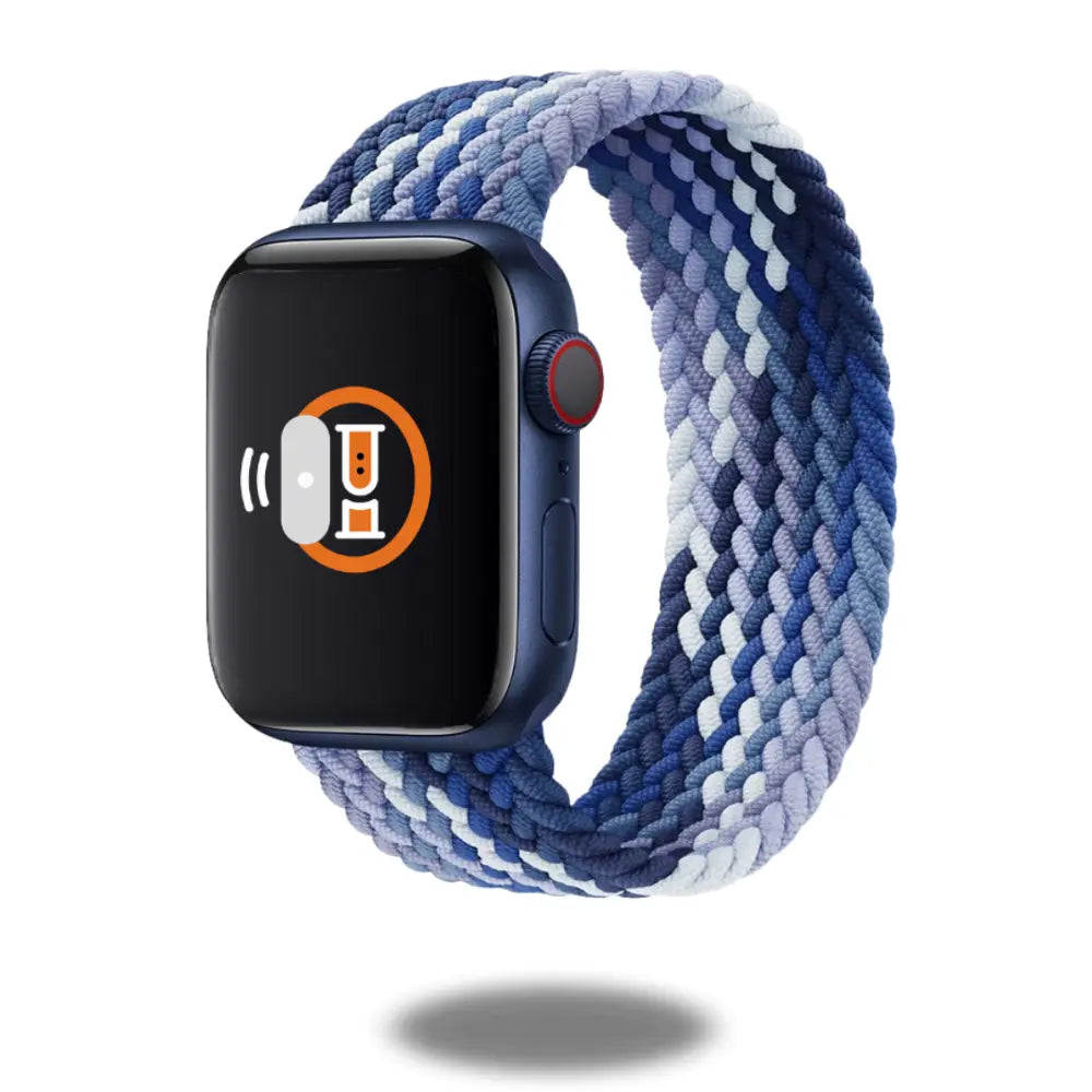Braided elastic band for Apple Watch in fruit punch colors, offering style and comfort with no buckles or clasps.