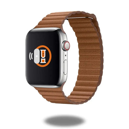 Hand-crafted leather loop band for smartwatch featuring a sleek design and unique pebbled texture.