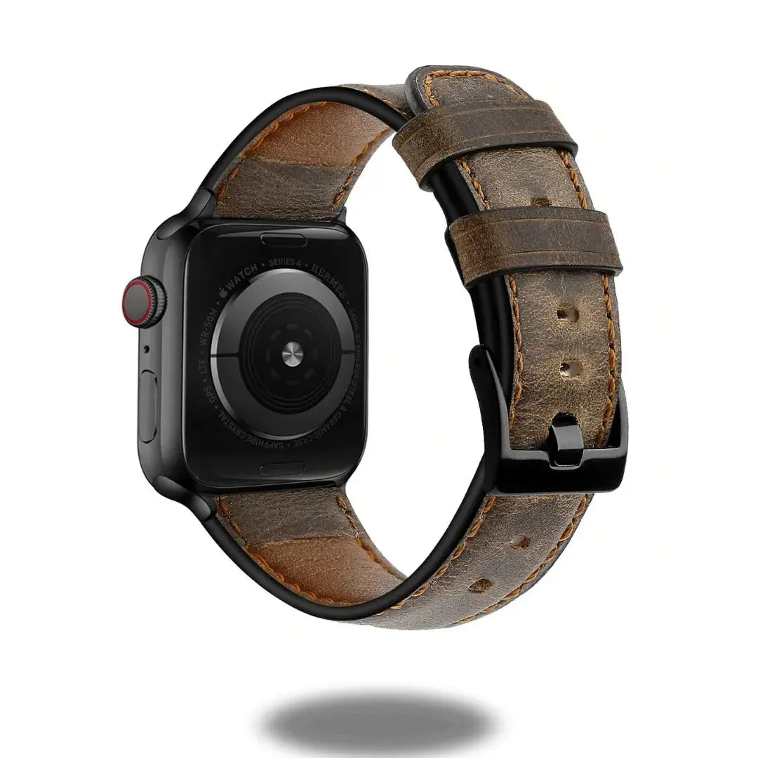 Retro style leather Apple Watch strap showcasing genuine cowhide leather with metal connectors from the back view.
