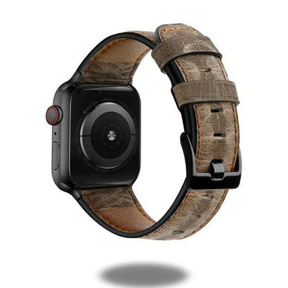 Retro leather Apple Watch strap showcasing genuine cowhide craftsmanship and stainless steel connectors.