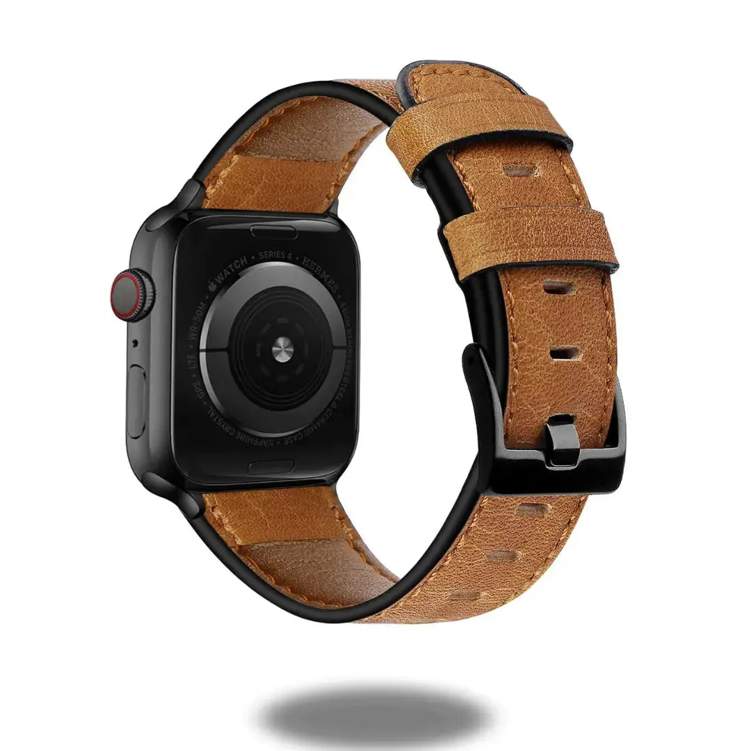 Retro style leather Apple Watch strap in brown with stainless steel connectors and fashionable craftsmanship.
