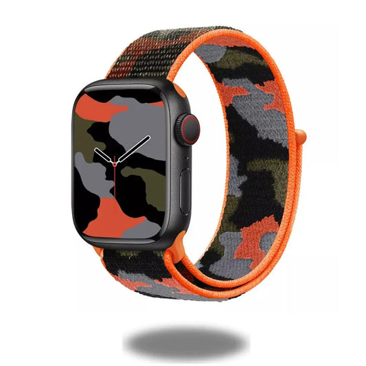 Camouflage sports nylon band for Apple Watch, featuring a durable woven design and vibrant colors for an adventurous look.