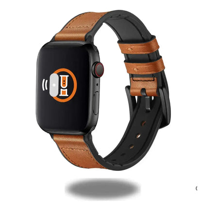 Classy leather and silicone hybrid watch band on smartwatch, featuring a lightweight and sweatproof design.