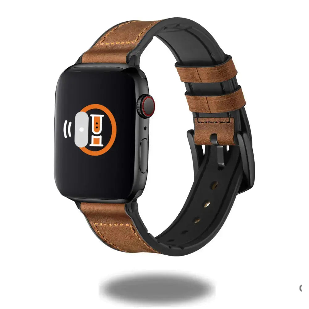 Classy leather and silicone hybrid watch band on a smartwatch, featuring a comfortable and stylish design.