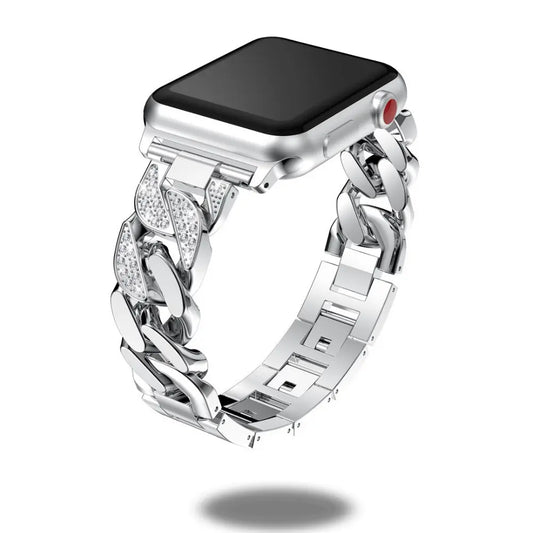 Diamond Chunky Chain Bracelet on smartwatch, featuring silver links and sparkling rhinestones for a chic modern look.