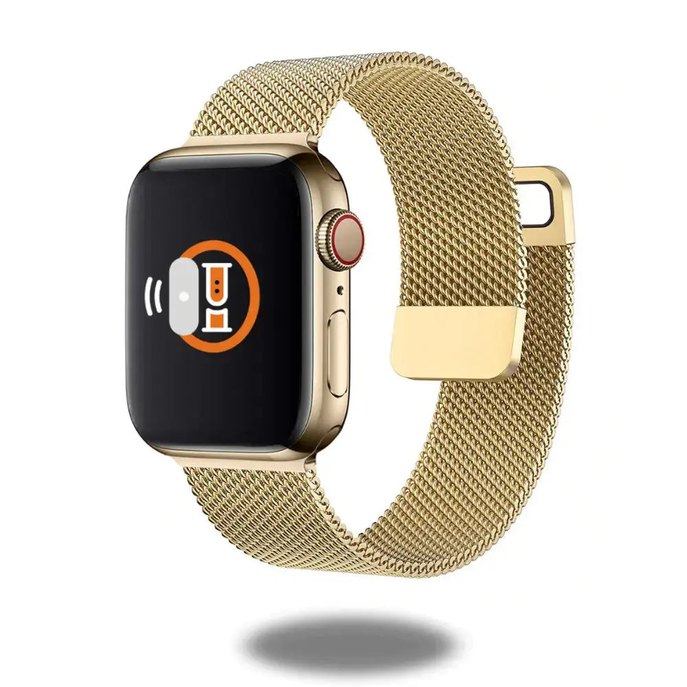 Apple Watch with a gold double magnetic Milanese loop band, showcasing elegant stainless steel mesh design.