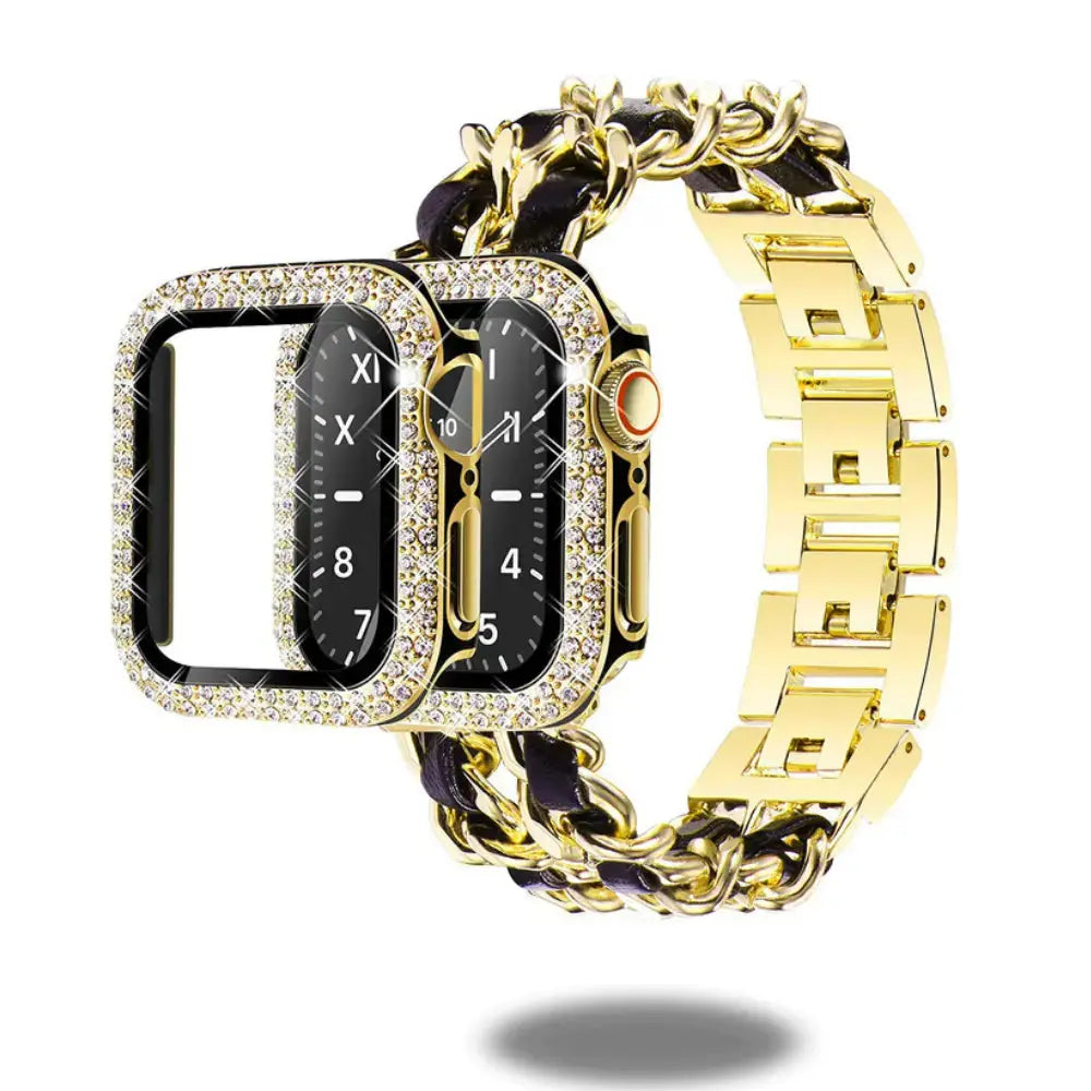 Luxurious Cuban bracelet with diamond-style Apple Watch case and screen protector, compatible with latest models.