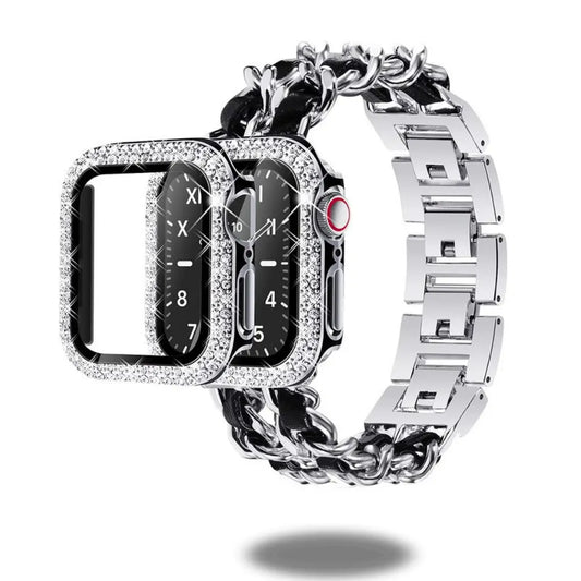 Luxurious Cuban bracelet for Apple Watch with diamond-style PC case and screen protector, compatible with Series 1-9 and Ultra models.