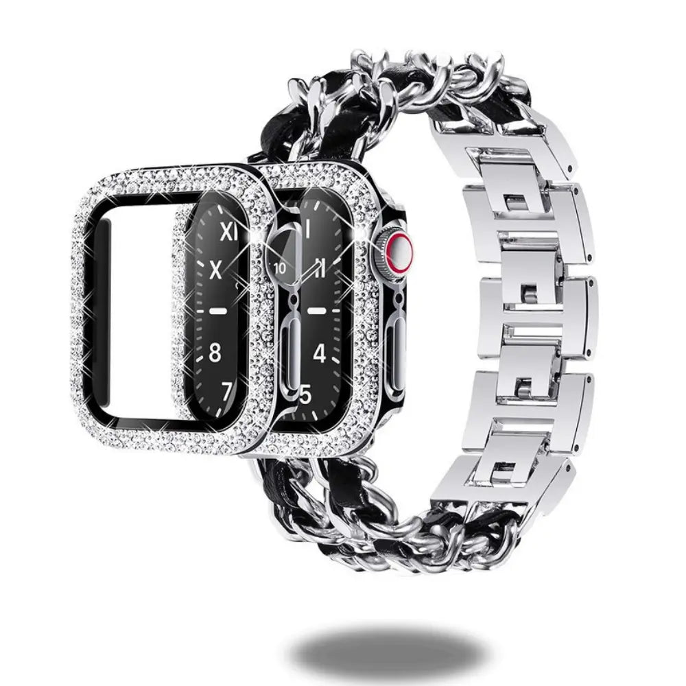 Luxurious Cuban bracelet for Apple Watch with diamond-style PC case and screen protector, compatible with Series 1-9 and Ultra models.