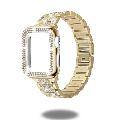 Diamond Style Stainless Steel Bracelet with Silicon Diamond Case (Gold) elegantly designed for Apple Watch.