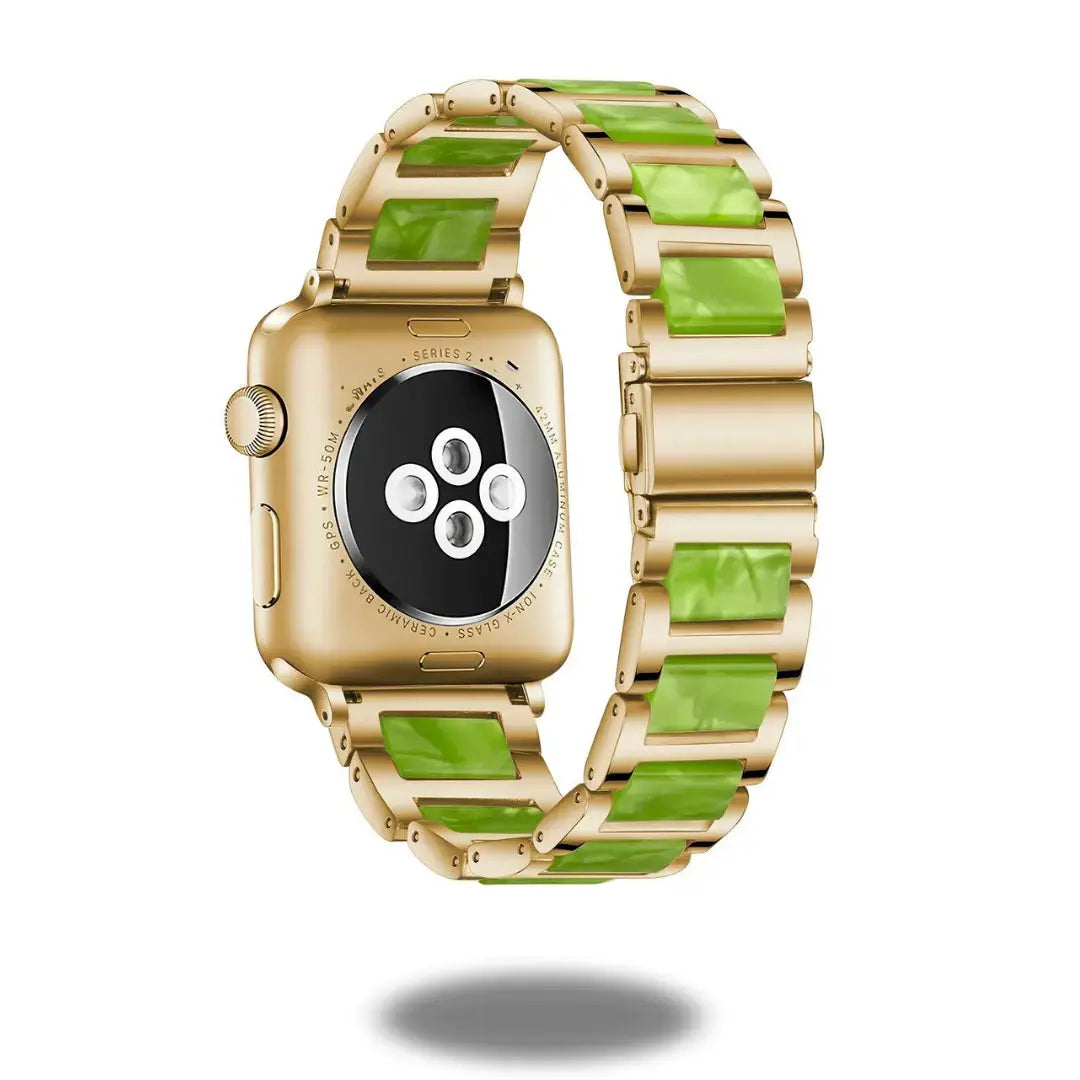 Luxury metal resin strap smartwatch with gold stainless steel frame and green polished resin accents.