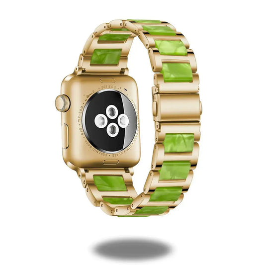 Luxury Metal Resin Strap (Gold) featuring green resin accents and stainless steel frame, stylish and elegant design.