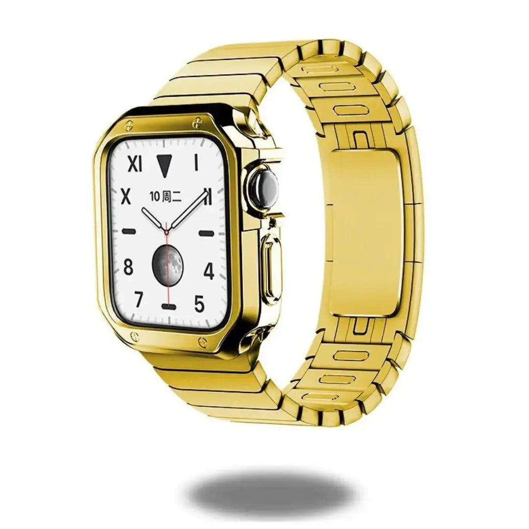 Luxury gold link bracelet for Apple Watch Ultra 3 and Series 11-1, shown with PC case, compatible with multiple sizes.